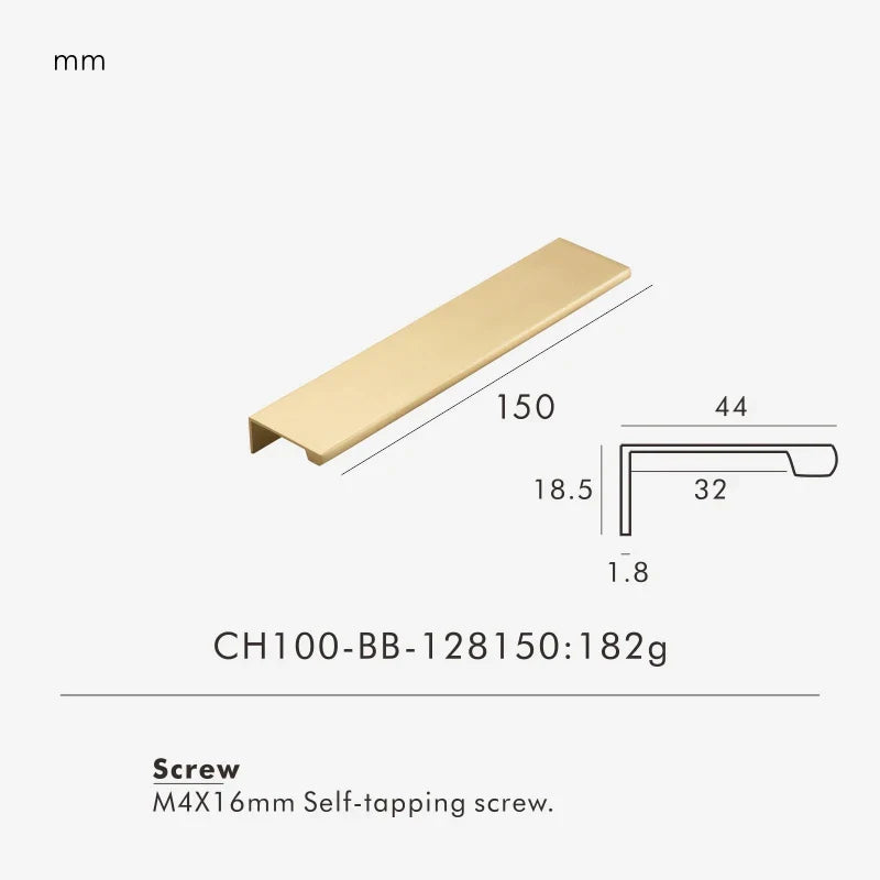 Measurement chart for a brass edge pull 150 mm with dimensions and weight information.