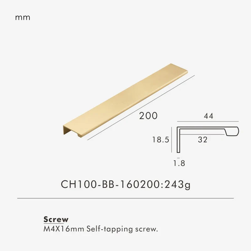 Measurement chart for brass edge pull 200 mm with dimensions and weight information.