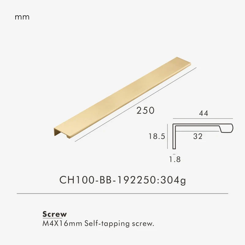 Measurement chart for brass edge pull 250 mm with dimensions and weight information.