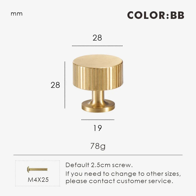Brass gold art deco knob 28mm with dimensions and weight on a white background.