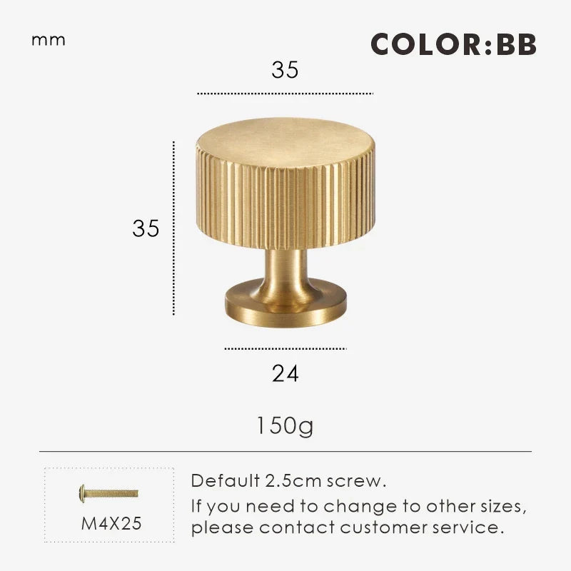 Brass gold art deco knob 35mm with dimensions and weight on a white background.