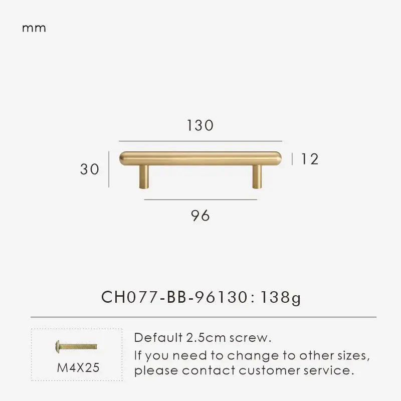 Measurement chart for a brass smooth gold cabinet round handle 130 mm with dimensions and weight information.