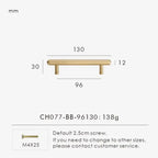 Measurement chart for a brass smooth gold cabinet round handle 130 mm with dimensions and weight information.
