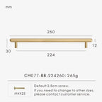 Measurement chart for a brass smooth gold cabinet round handle 260 mm with dimensions and weight information.