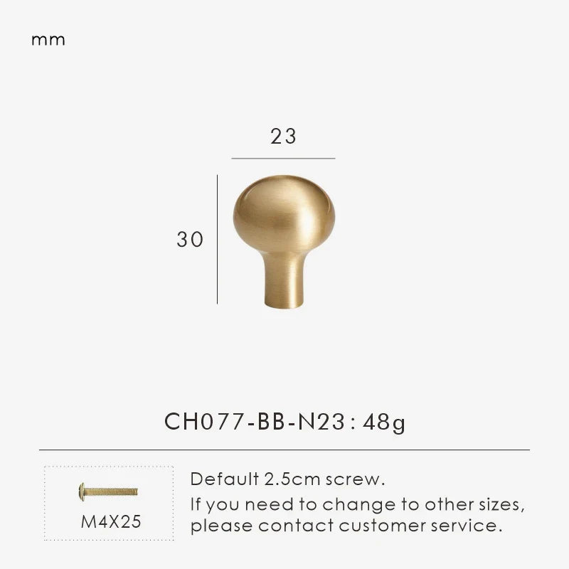 Measurement chart for a brass smooth gold cabinet round knob 23 mm with dimensions and weight information.