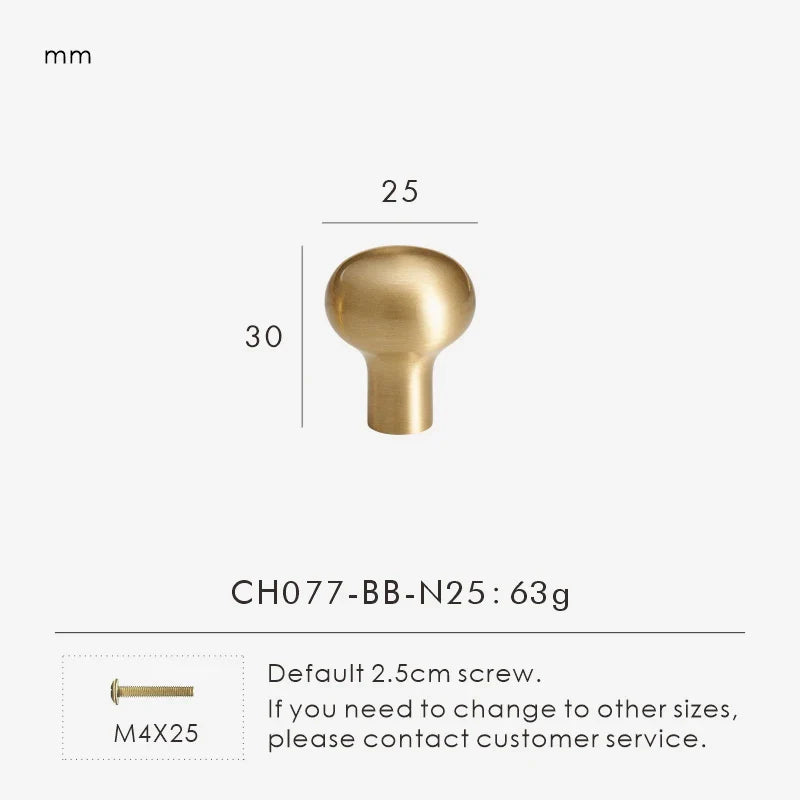 Measurement chart for a brass smooth gold cabinet round knob 25 mm with dimensions and weight information.