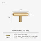 Measurement chart for a brass smooth gold cabinet round t-bar 50 mm with dimensions and weight information.