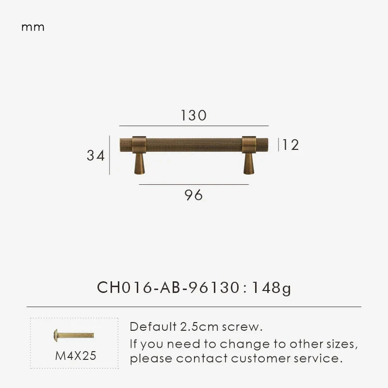 Measurement chart of a bronze knurled cabinet handle 130mm with dimensions and weight on a white background.