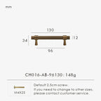 Measurement chart of a bronze knurled cabinet handle 130mm with dimensions and weight on a white background.