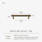 Measurement chart of a bronze knurled cabinet handle 160mm with dimensions and weight on a white background.