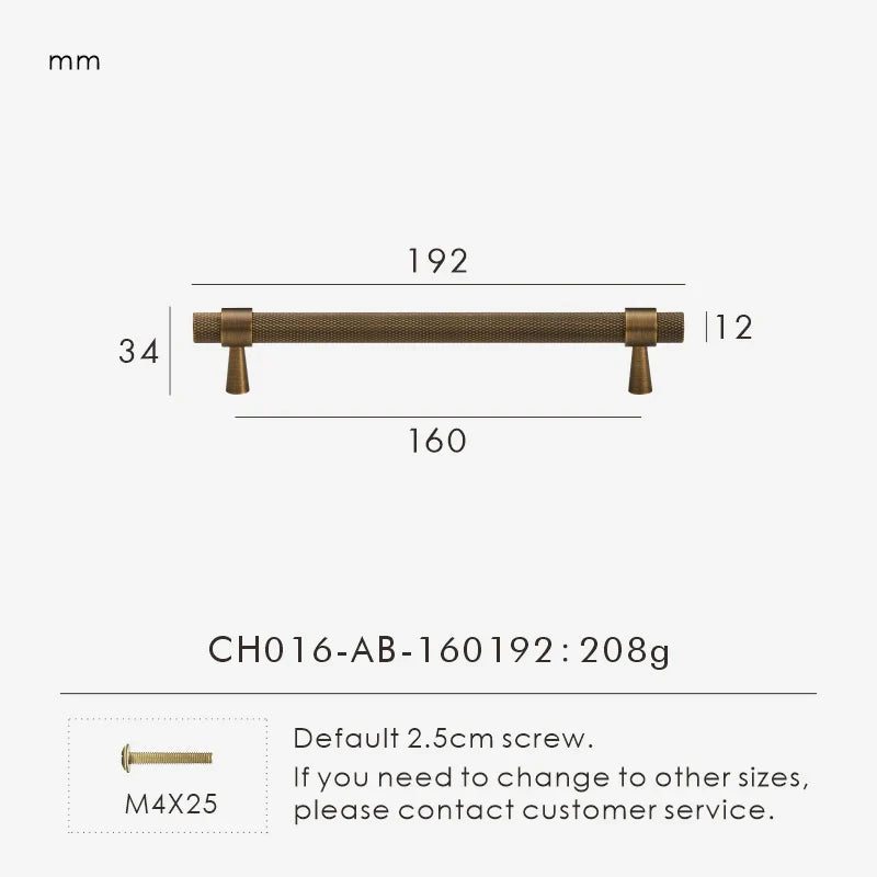 Measurement chart of a bronze knurled cabinet handle 192mm with dimensions and weight on a white background.