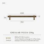 Measurement chart of a bronze knurled cabinet handle 224mm with dimensions and weight on a white background.