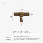 Measurement chart of a bronze knurled cabinet t-bar 50mm with dimensions and weight on a white background.