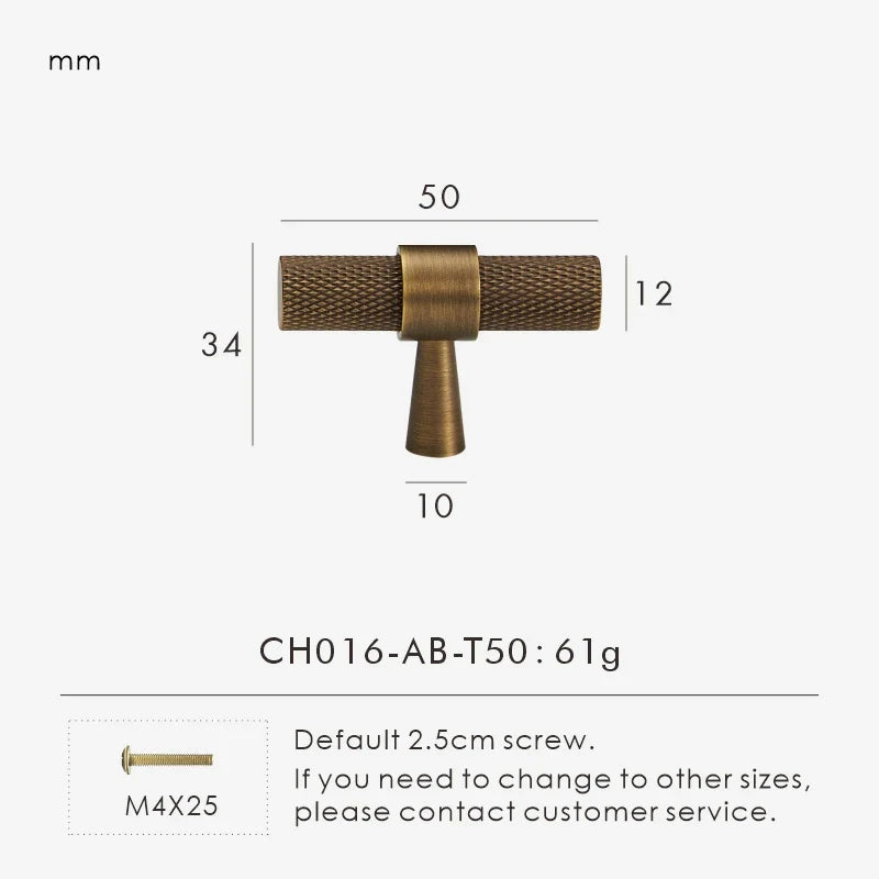 Measurement chart of a bronze knurled cabinet t-bar 50mm with dimensions and weight on a white background.