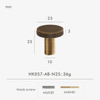Bronze matte antique knob 25 mm with measurements and product details on a white background.