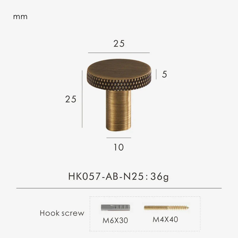 Bronze matte antique knob 25 mm with measurements and product details on a white background.
