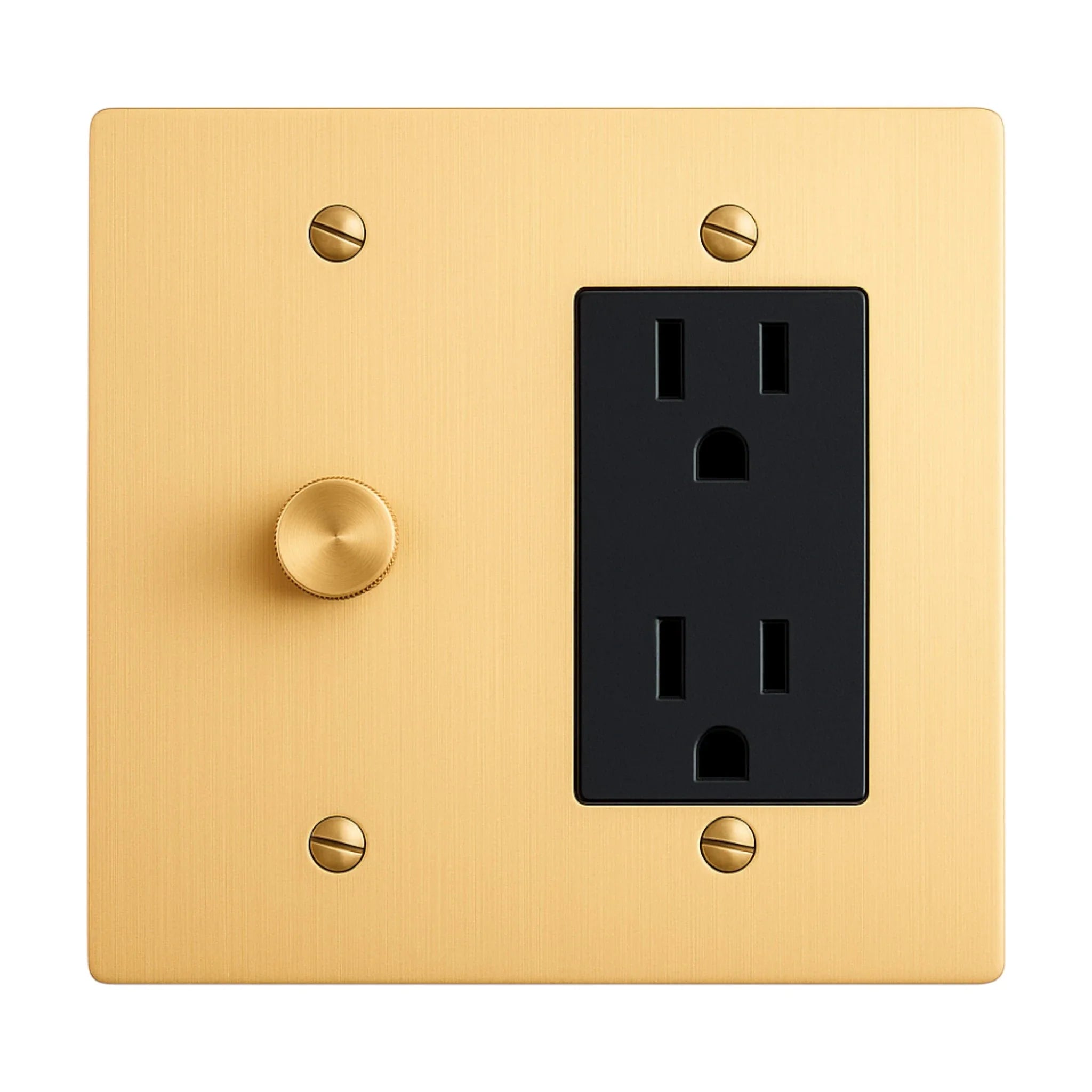 Gold wall plate with black electrical outlet and rotary dimmer on a white background