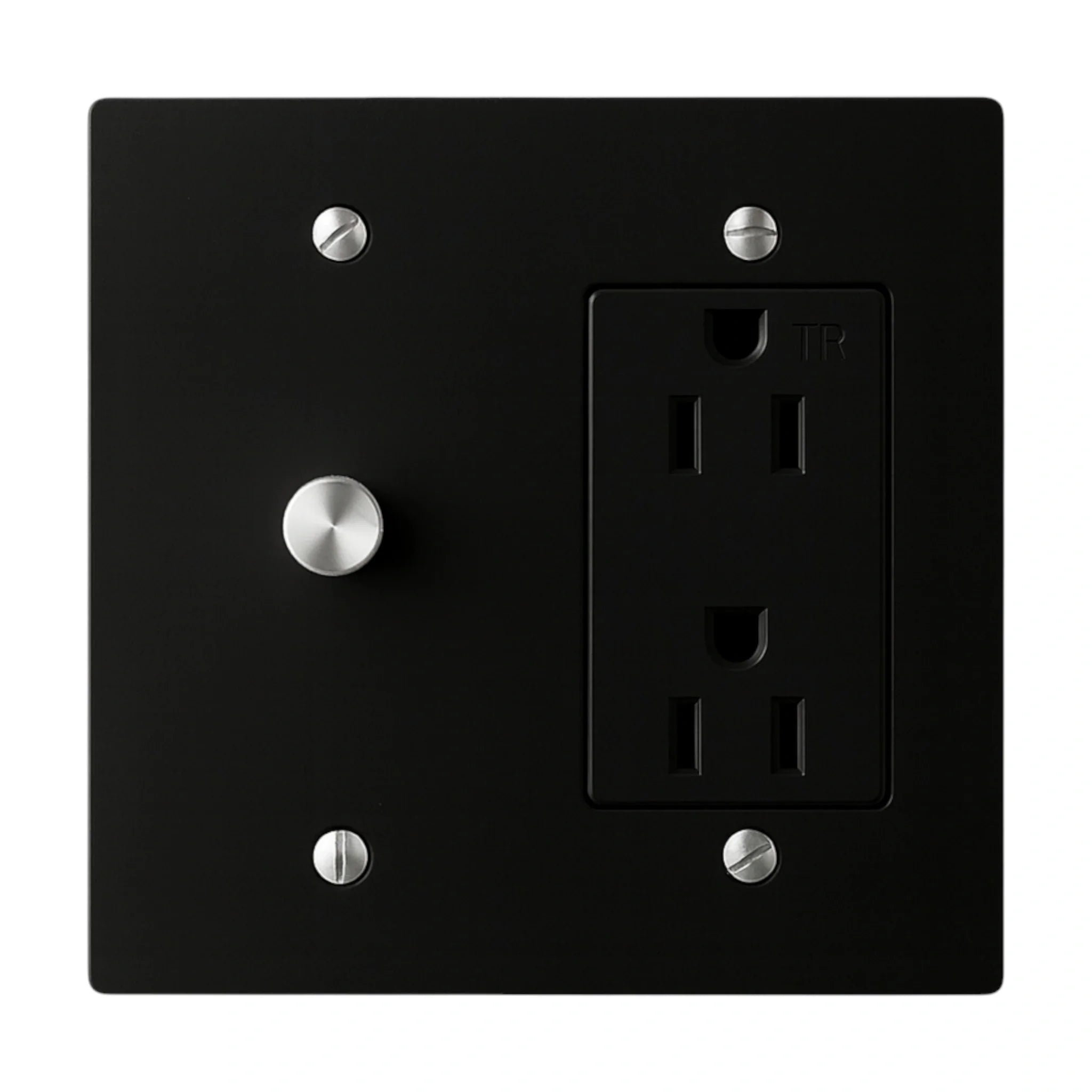 Black wall plate with a standard electrical outlet and dimmer on a white background