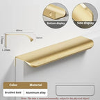 Display chart for a gold aluminum edge pull handle with dimensions.
