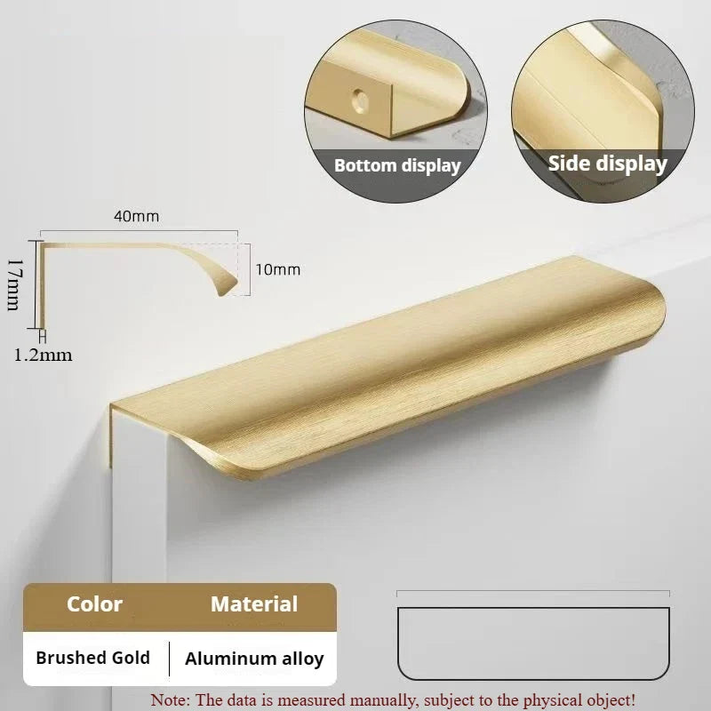 Display chart for a gold aluminum edge pull handle with dimensions.