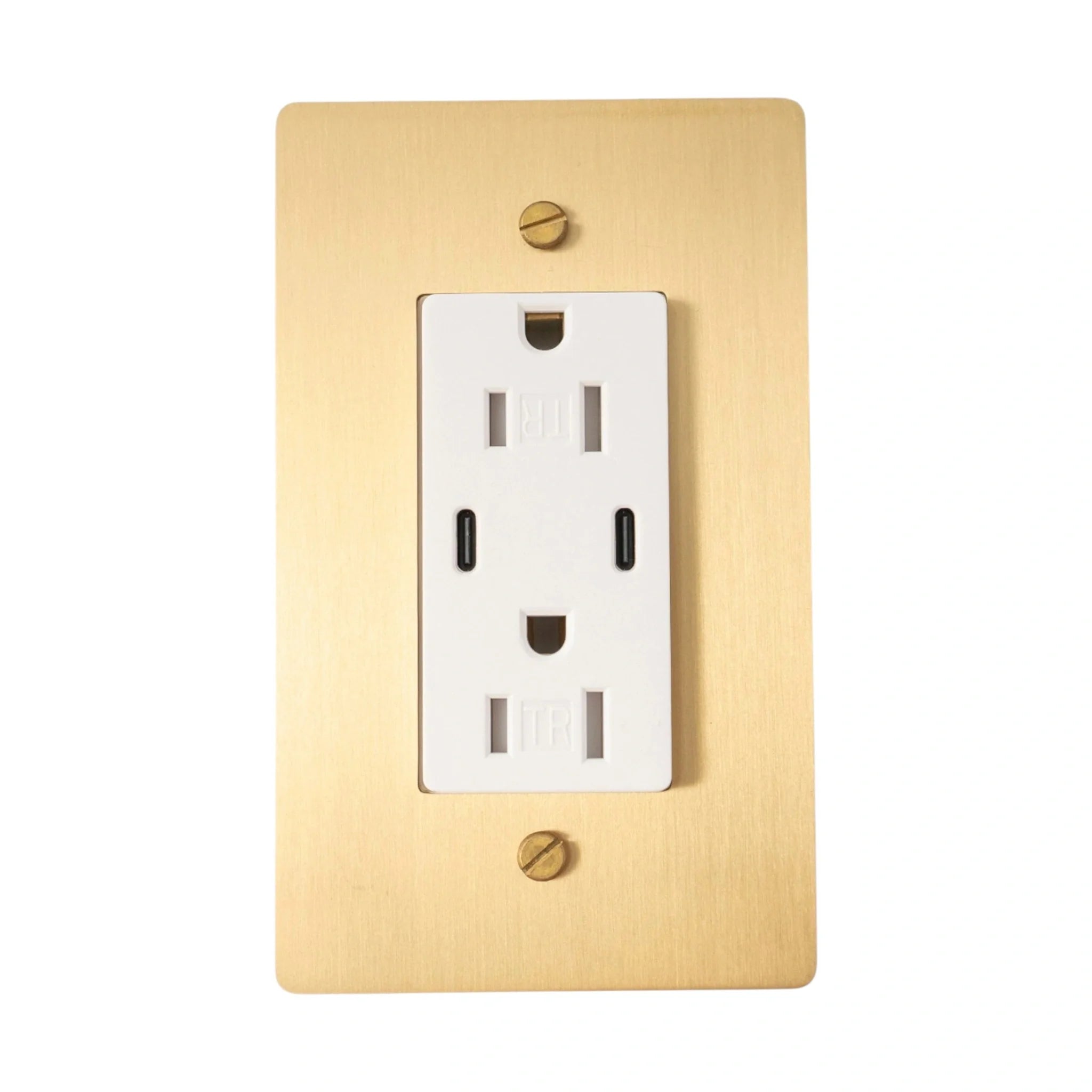Brass plate with White electrical outlet on a gold wall plate with screws