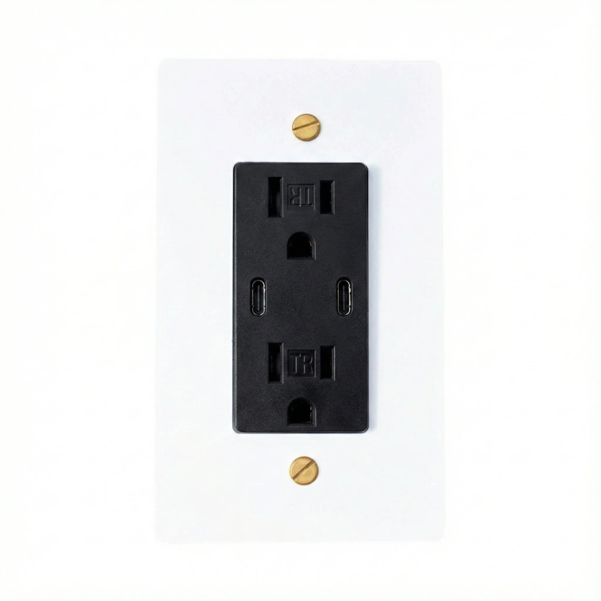 Black electrical outlet on a white wall with two screws.