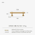 Measurement chart for a solid brass European luxury design gold handle 128 mm with dimensions and weight information.