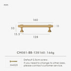 Measurement chart for a solid brass European luxury design gold handle 160 mm with dimensions and weight information.