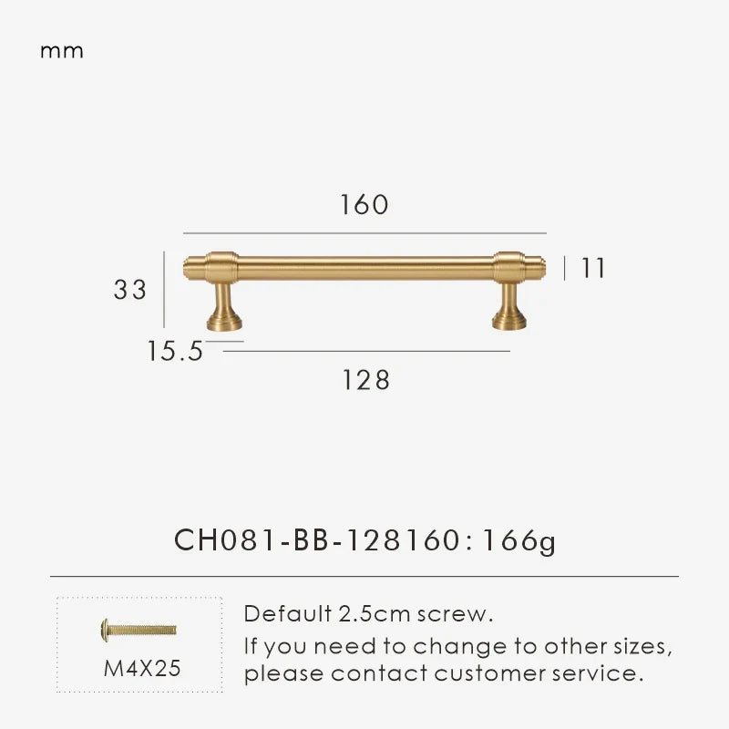 Measurement chart for a solid brass European luxury design gold handle 160 mm with dimensions and weight information.