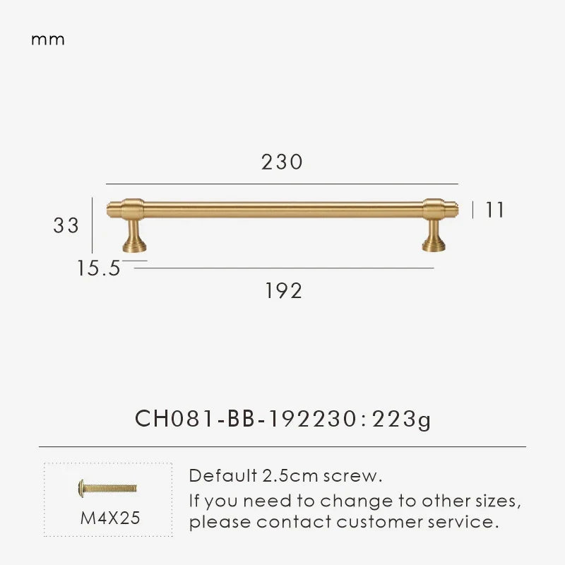 Measurement chart for a solid brass European luxury design gold handle 230 mm with dimensions and weight information.