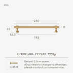 Measurement chart for a solid brass European luxury design gold handle 230 mm with dimensions and weight information.