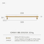 Measurement chart for a solid brass European luxury design gold pull handle 358 mm with dimensions and weight information.