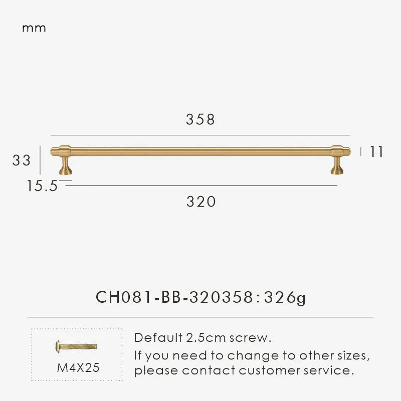 Measurement chart for a solid brass European luxury design gold pull handle 358 mm with dimensions and weight information.