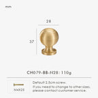 Measurement chart with a French luxury brass gold knob 28 mm long and dimensions on a white background. 