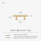 Measurement chart with a French luxury brass gold pull 120 mm long and dimensions on a white background. 