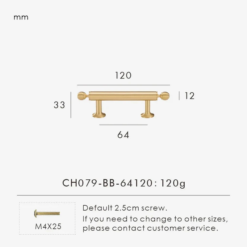 Measurement chart with a French luxury brass gold pull 120 mm long and dimensions on a white background. 