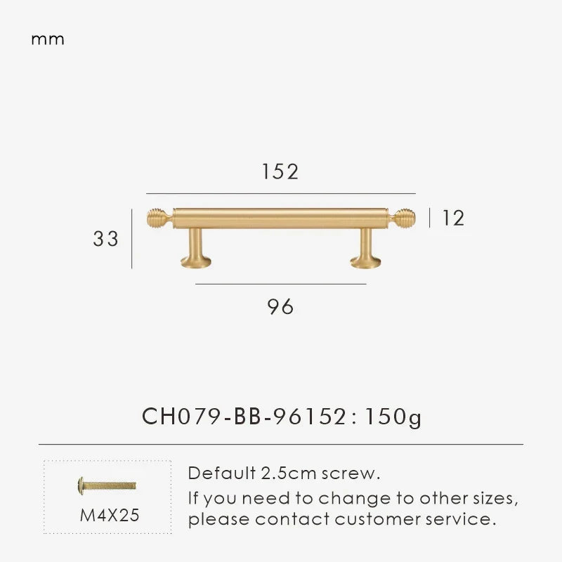 Measurement chart with a French luxury brass gold pull 152 mm long and dimensions on a white background. 