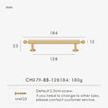 Measurement chart with a French luxury brass gold pull 184 mm long and dimensions on a white background. 
