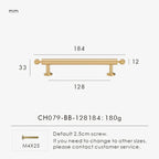 Measurement chart with a French luxury brass gold pull 184 mm long and dimensions on a white background. 