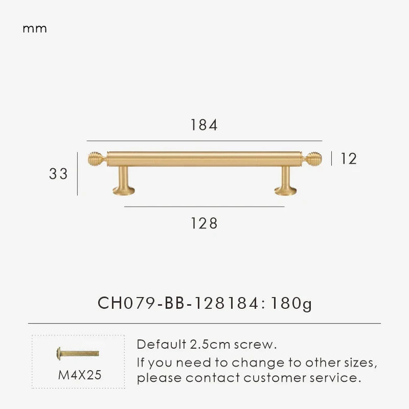 Measurement chart with a French luxury brass gold pull 184 mm long and dimensions on a white background. 