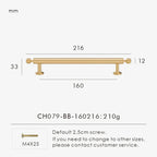 Measurement chart with a French luxury brass gold pull 216 mm long and dimensions on a white background. 