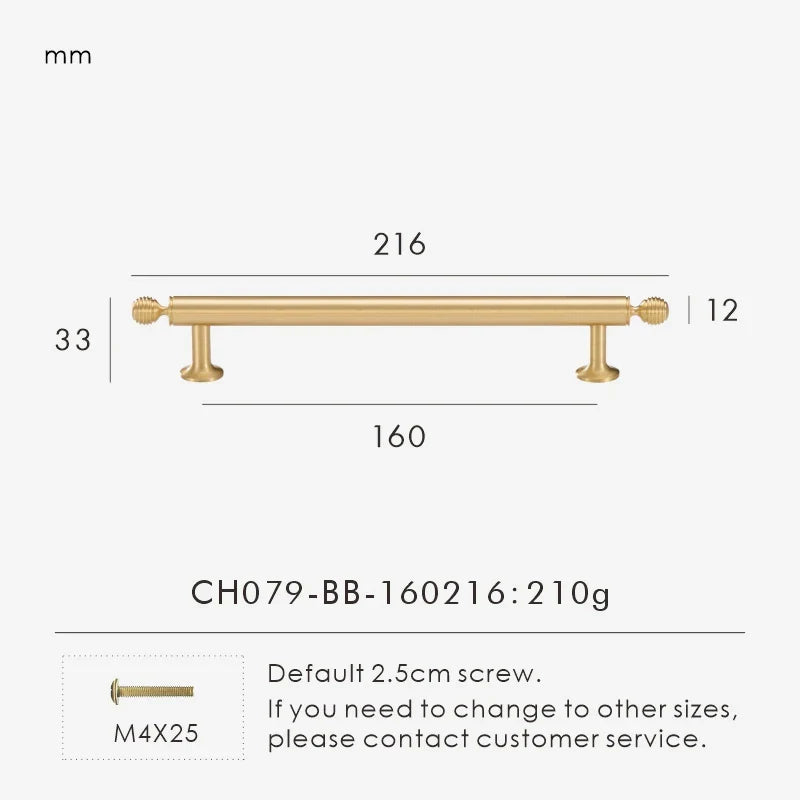 Measurement chart with a French luxury brass gold pull 216 mm long and dimensions on a white background. 