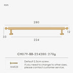 Measurement chart with a French luxury brass gold pull 280 mm long and dimensions on a white background. 