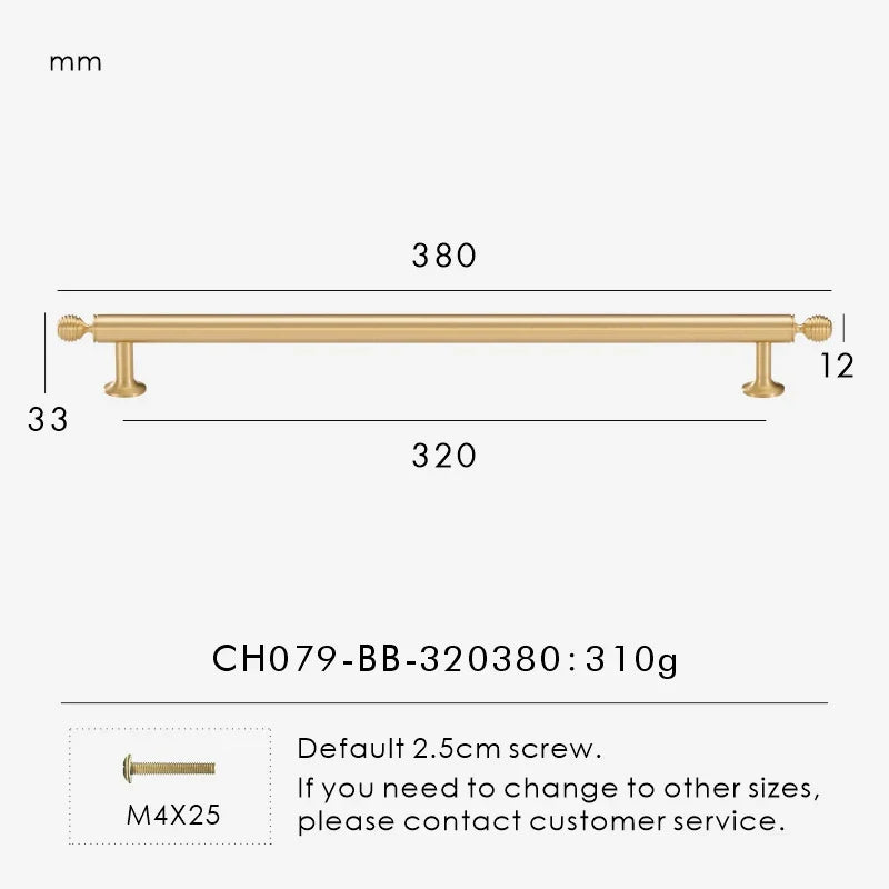 Measurement chart with a French luxury brass gold pull 380 mm long and dimensions on a white background. 