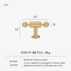 Measurement chart with a French luxury brass gold t-bar 55 mm long and dimensions on a white background. 