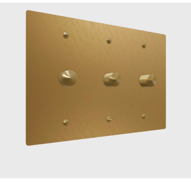 3-gang unlacquered brass (3-way dimmer, single dimmer, 3-way dimmer)