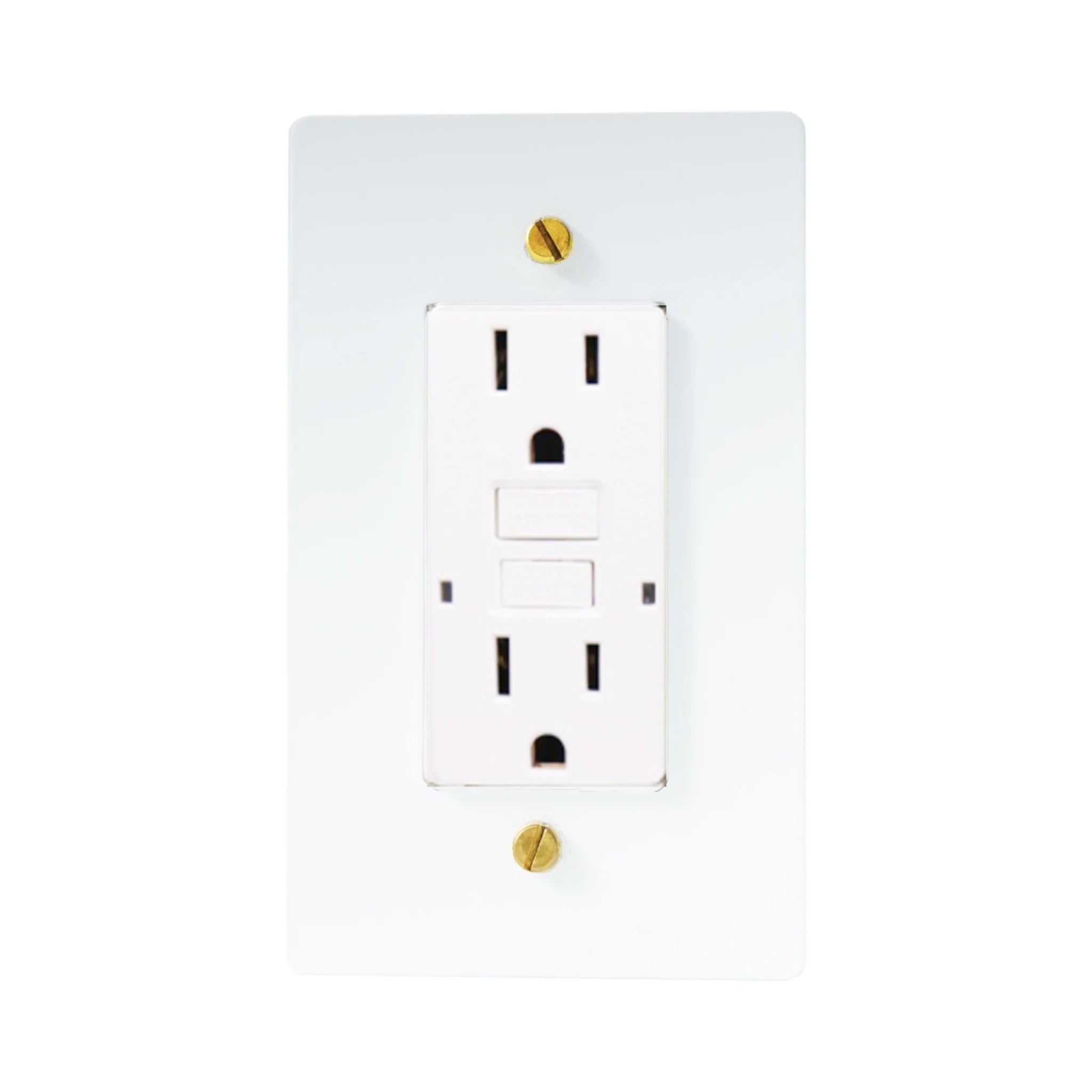 White GFCI electrical outlet with gold screws on a white background