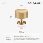 Measurement chart for gold brass Art Deco knob 35 mm with dimensions and weight information.