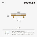 Measurement chart for gold brass Art Deco pull 136 mm with dimensions and weight information.