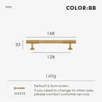 Measurement chart for gold brass Art Deco pull 168 mm with dimensions and weight information.